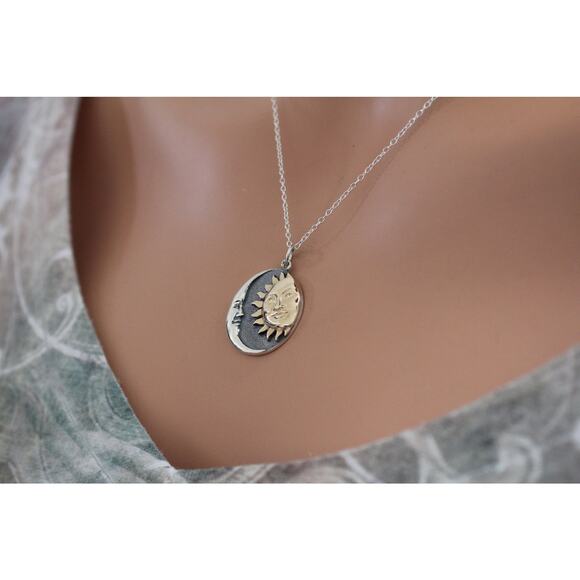 Mixed Metal Sun and Moon Pendant Necklace, Mixed Metal Sun Moon Charm Necklace - Picture 5 of 7
